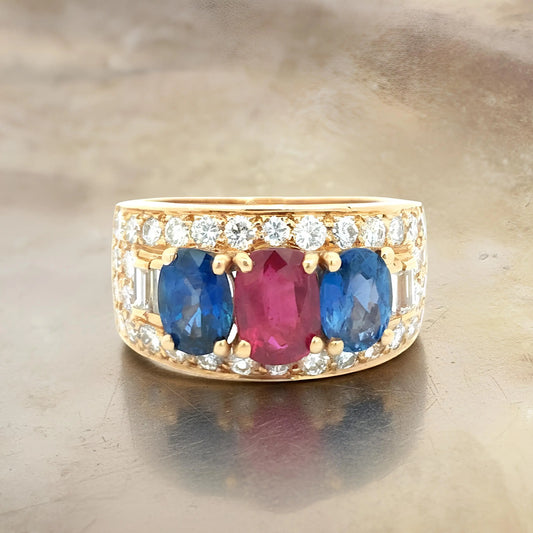 Bvlgari, 18K Gold Ruby Sapphire Diamond Ring Bvlgari
