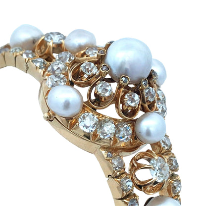 18K Gold Natural Pearl Diamond Bracelet, GIA Lueur Jewelry