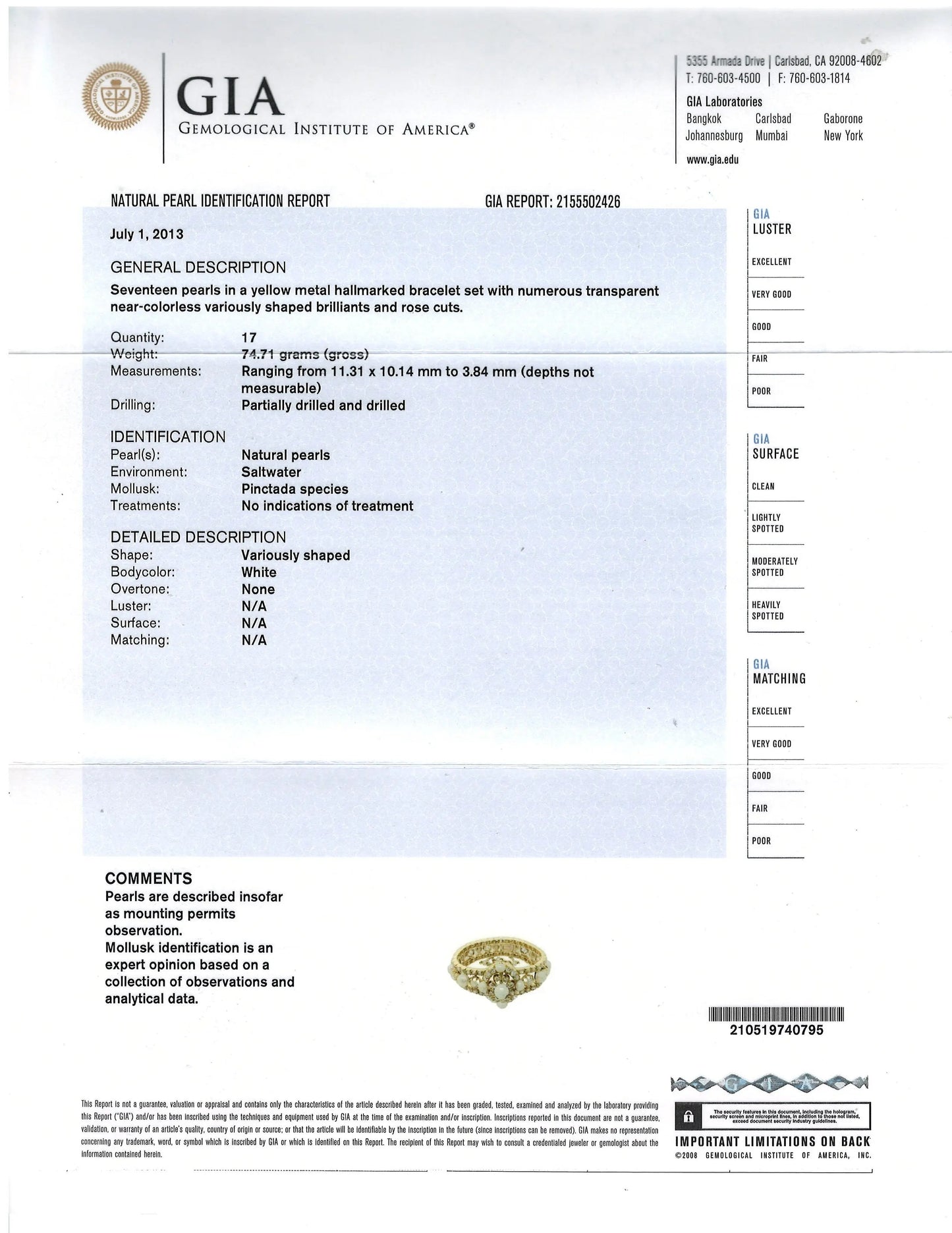 18K Gold Natural Pearl Diamond Bracelet, GIA Lueur Jewelry