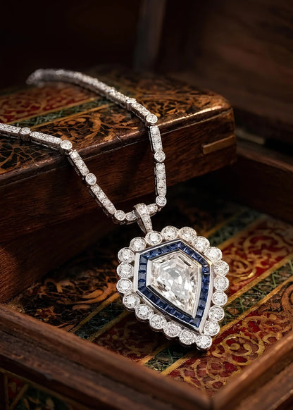 Art Deco Platinum Sapphire 2.61ct Diamond Pendant Necklace, GIA Lueur Jewelry