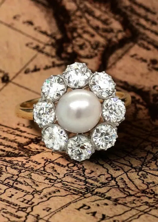 Platinum & Gold Natural Pearl Diamond Ring, CISGEM Lueur Jewelry