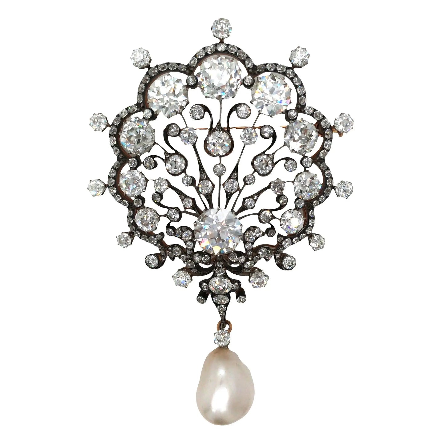 Silver-topped-Gold Natural Pearl Diamond Brooch, SSEF, GIA Lueur Jewelry