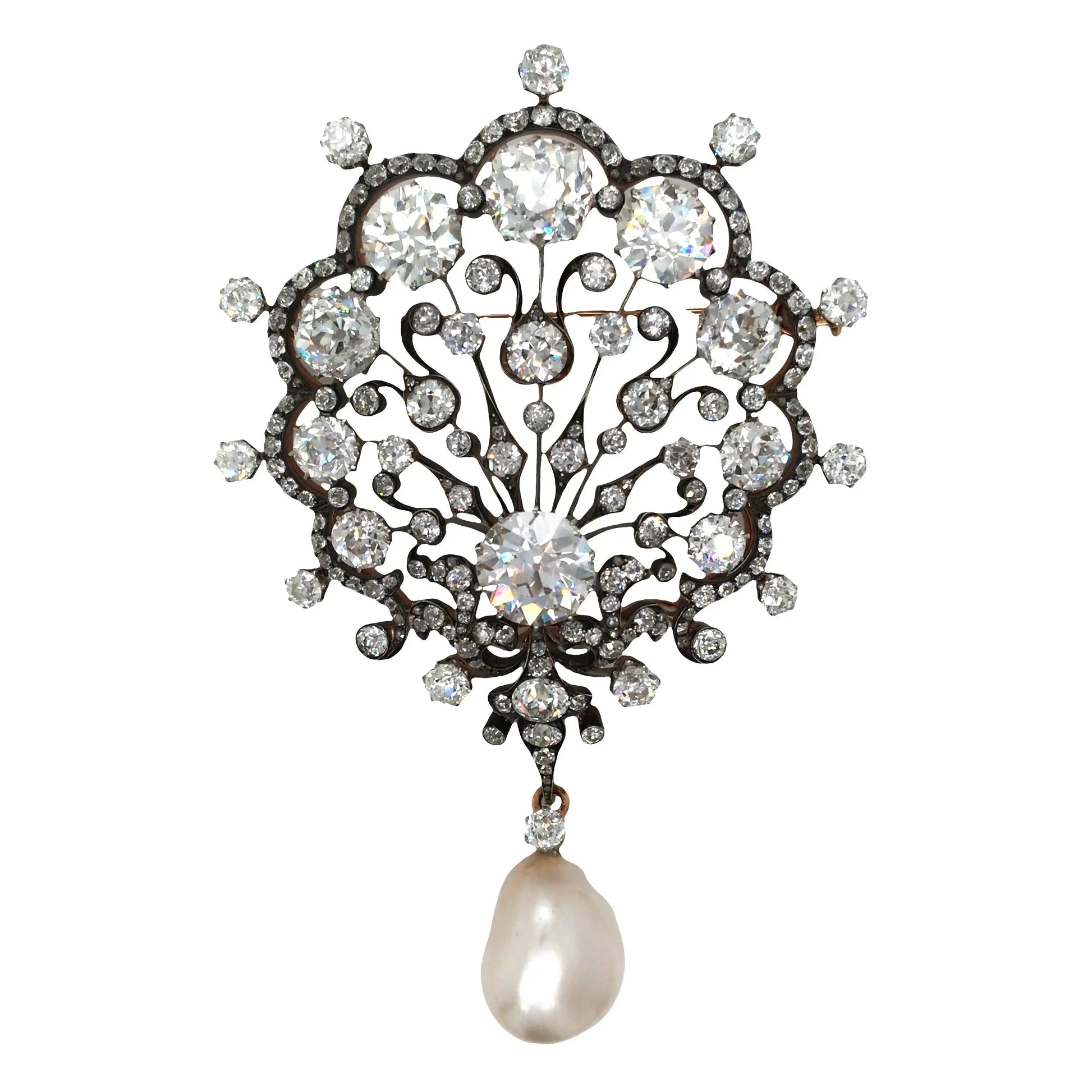 Silver-topped-Gold Natural Pearl Diamond Brooch, SSEF, GIA Lueur Jewelry