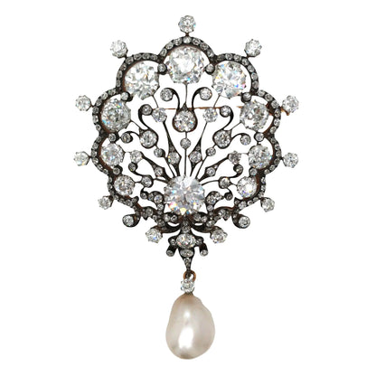 Silver-topped-Gold Natural Pearl Diamond Brooch, SSEF, GIA Lueur Jewelry