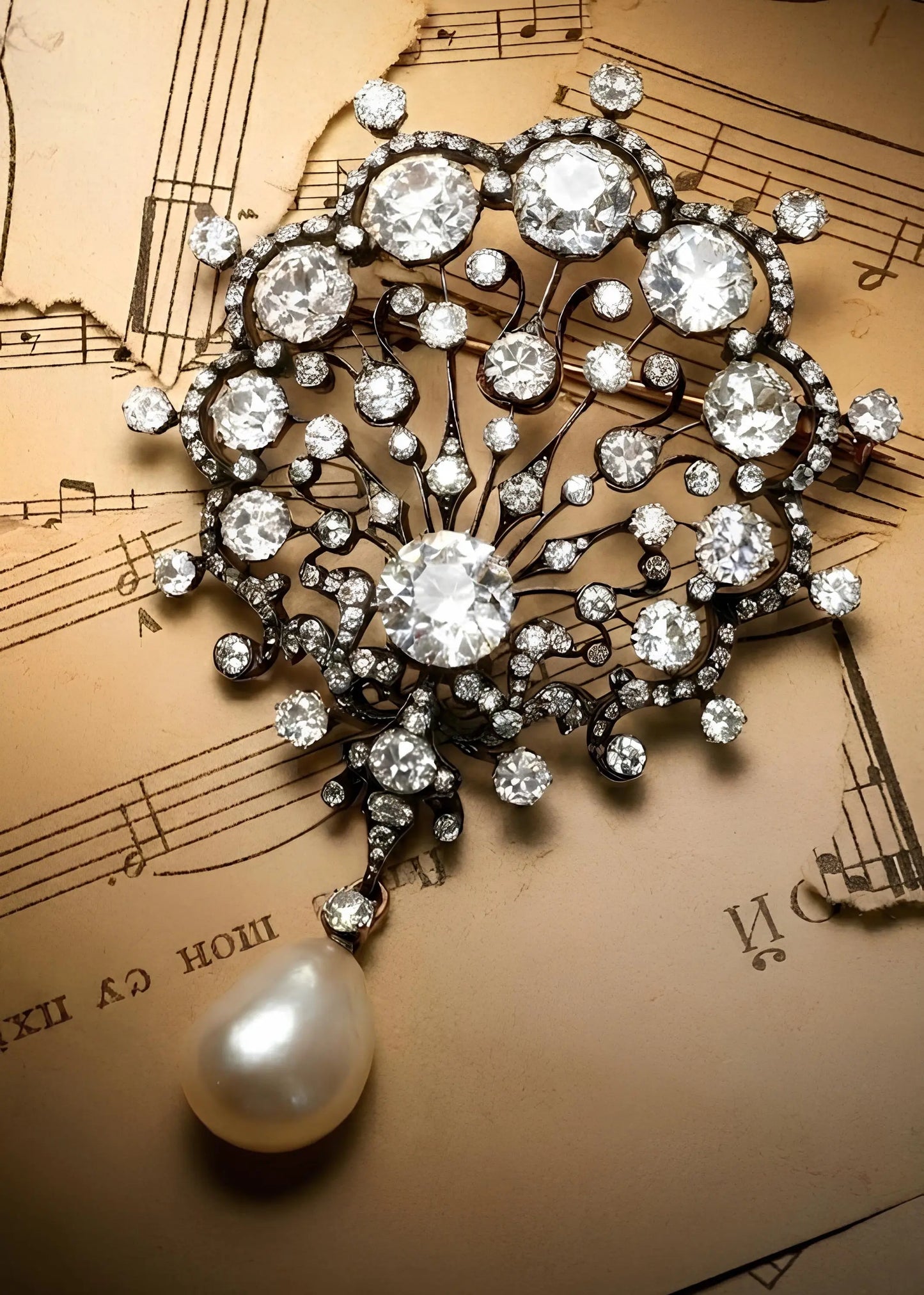 Silver-topped-Gold Natural Pearl Diamond Brooch, SSEF, GIA Lueur Jewelry