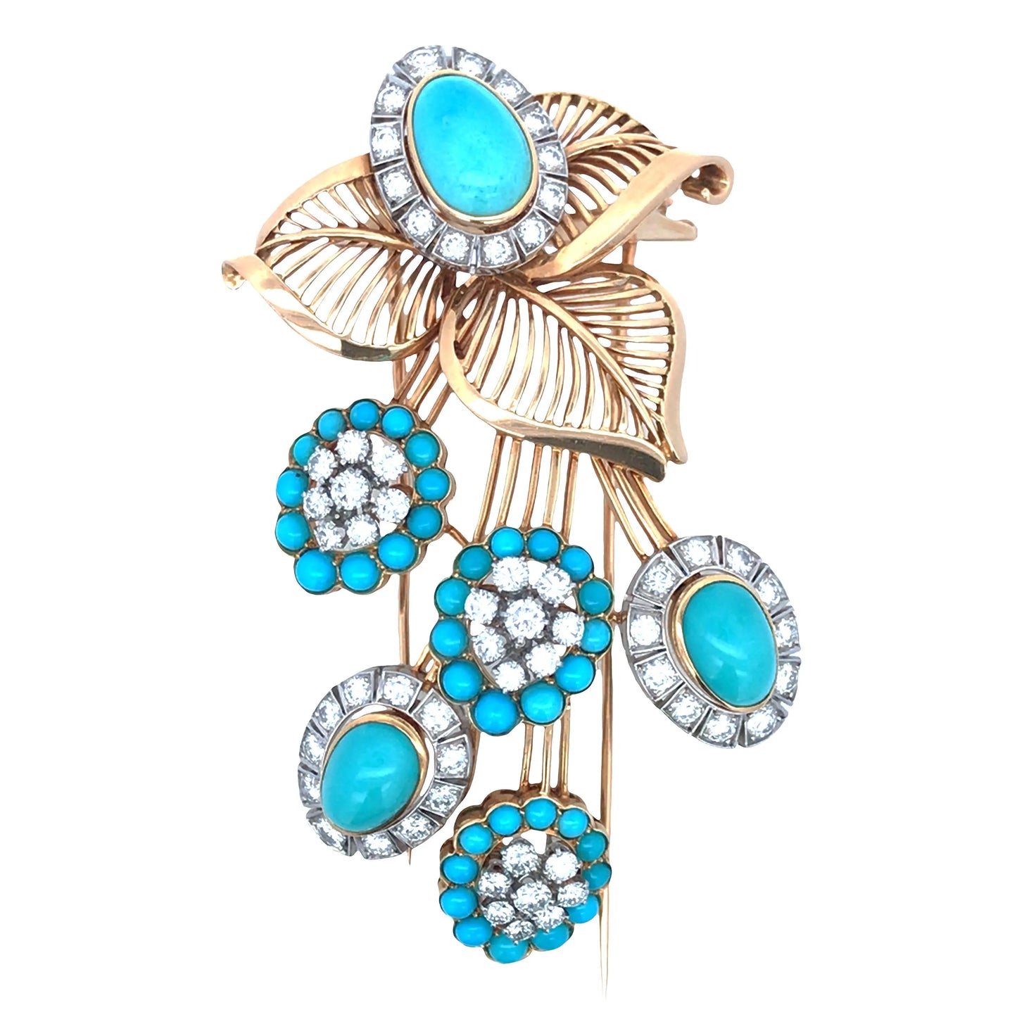 18K Gold Turquoise Diamond Flower Brooch Lueur Jewelry