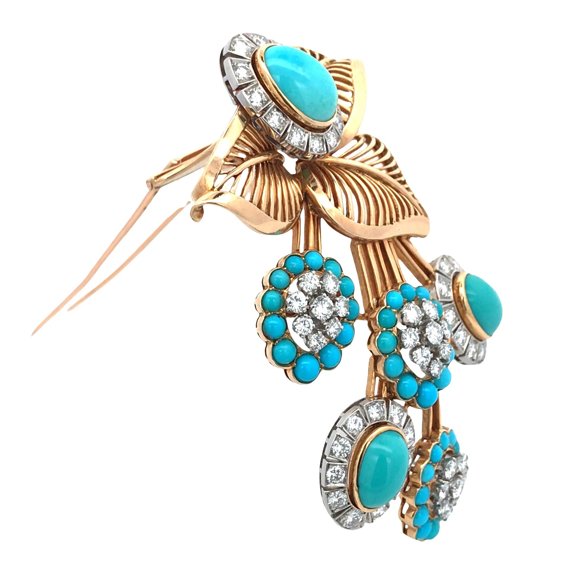 18K Gold Turquoise Diamond Flower Brooch Lueur Jewelry