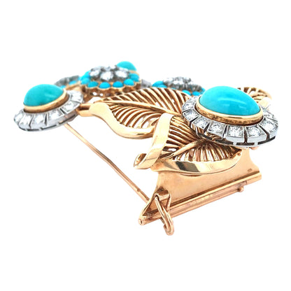 18K Gold Turquoise Diamond Flower Brooch Lueur Jewelry