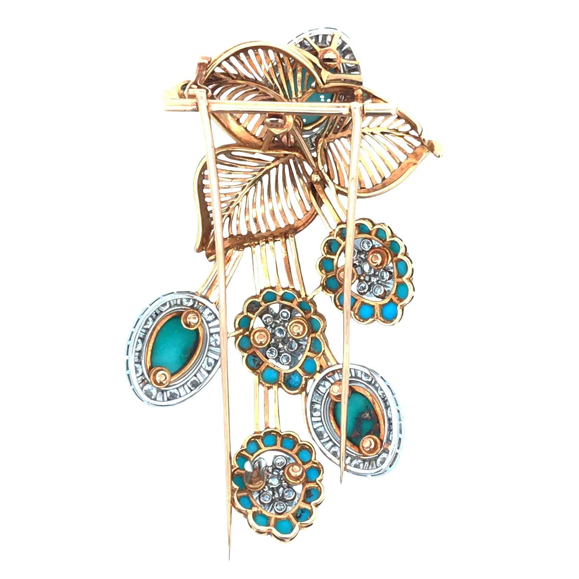 18K Gold Turquoise Diamond Flower Brooch Lueur Jewelry