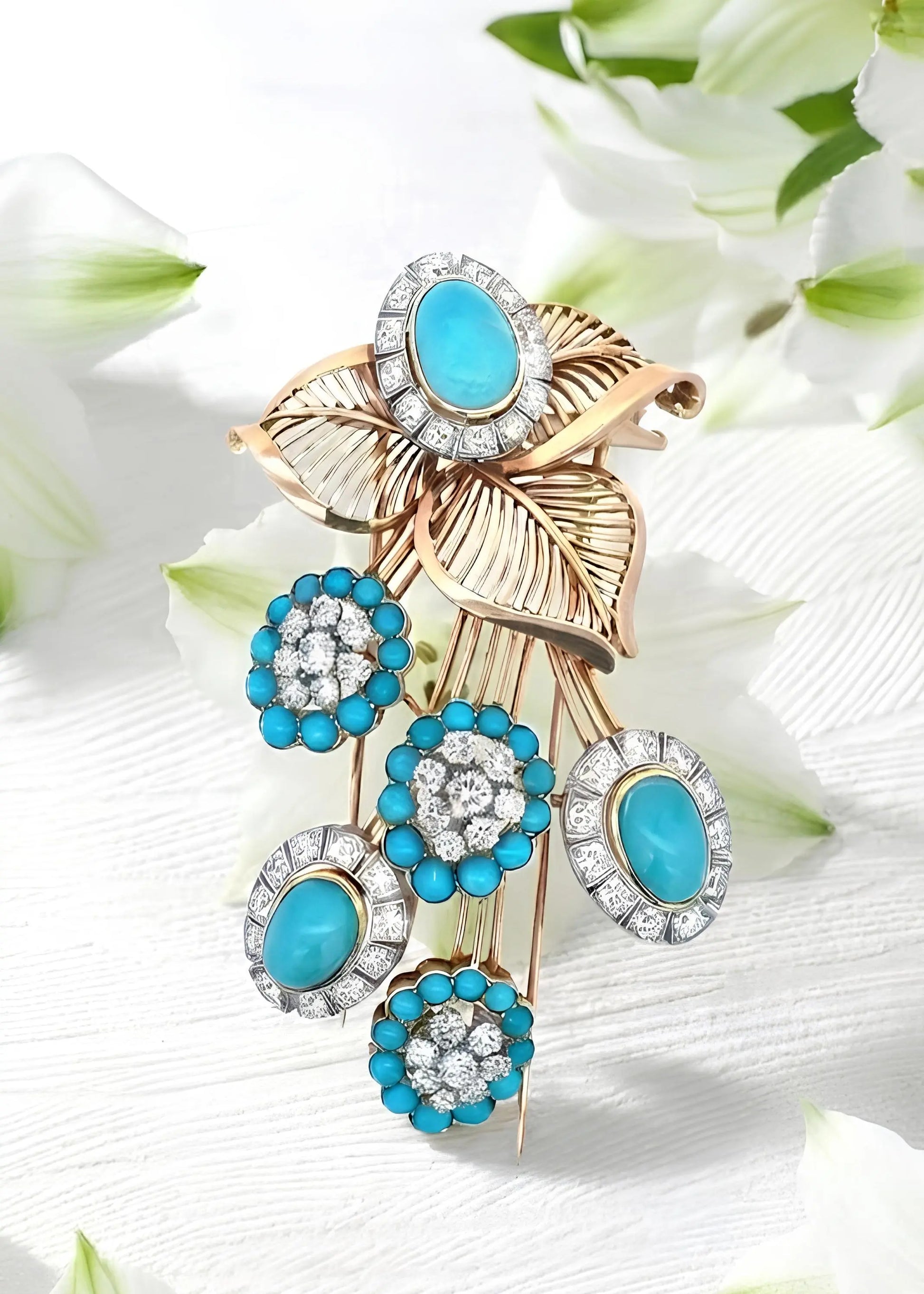 18K Gold Turquoise Diamond Flower Brooch Lueur Jewelry
