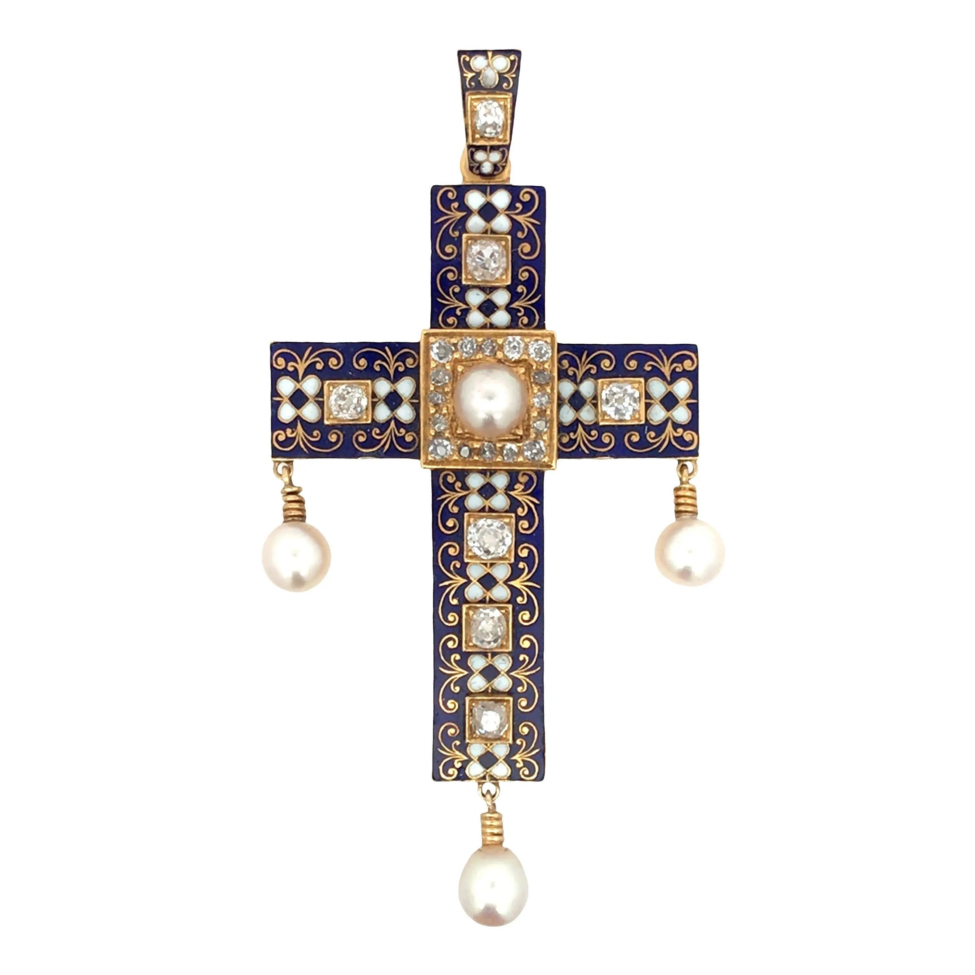 Antique Renaissance Revival 18K Gold Enamel Natural Pearl Diamond Cross Pendant Lueur Jewelry