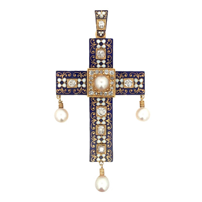 Antique Renaissance Revival 18K Gold Enamel Natural Pearl Diamond Cross Pendant Lueur Jewelry