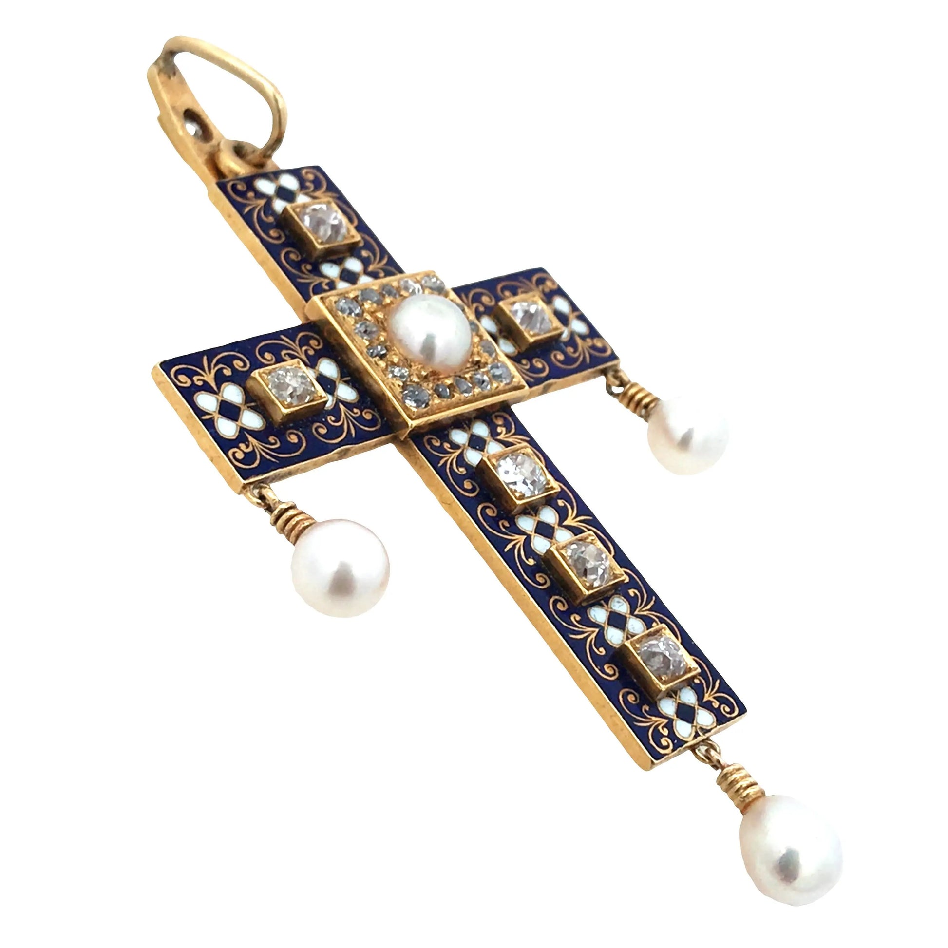 Antique Renaissance Revival 18K Gold Enamel Natural Pearl Diamond Cross Pendant Lueur Jewelry