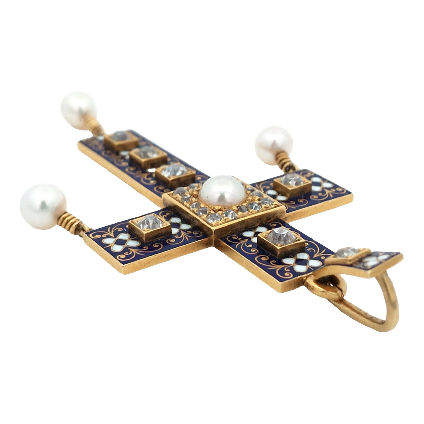 Antique Renaissance Revival 18K Gold Enamel Natural Pearl Diamond Cross Pendant Lueur Jewelry