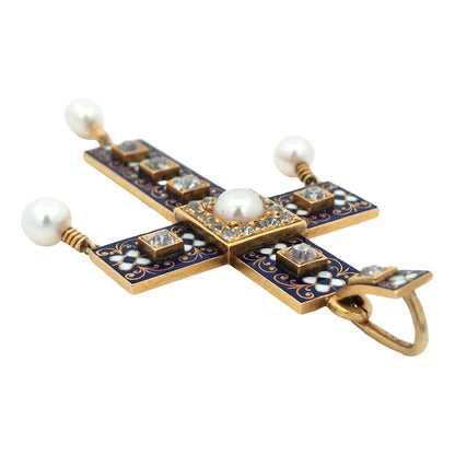 Antique Renaissance Revival 18K Gold Enamel Natural Pearl Diamond Cross Pendant Lueur Jewelry
