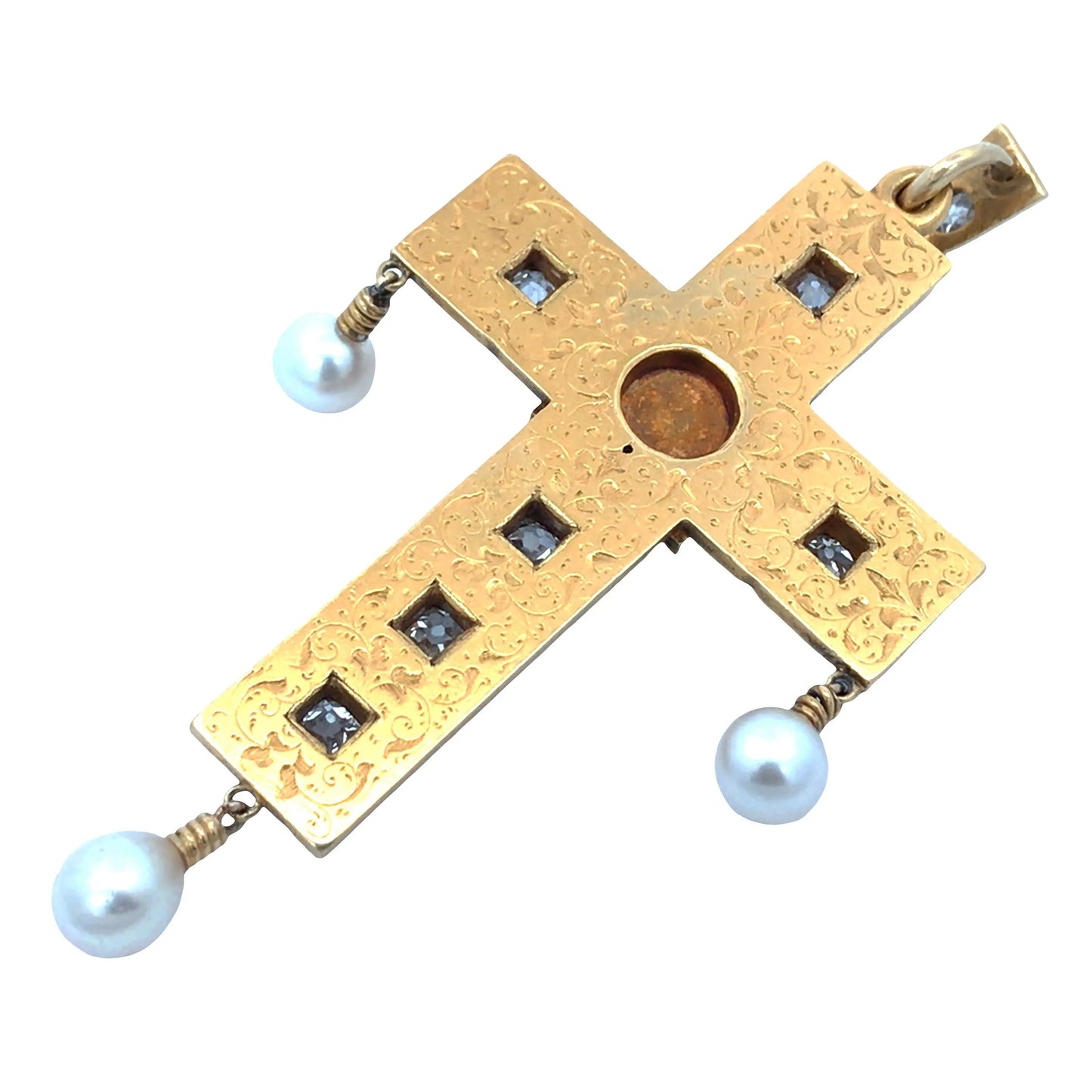 Antique Renaissance Revival 18K Gold Enamel Natural Pearl Diamond Cross Pendant Lueur Jewelry