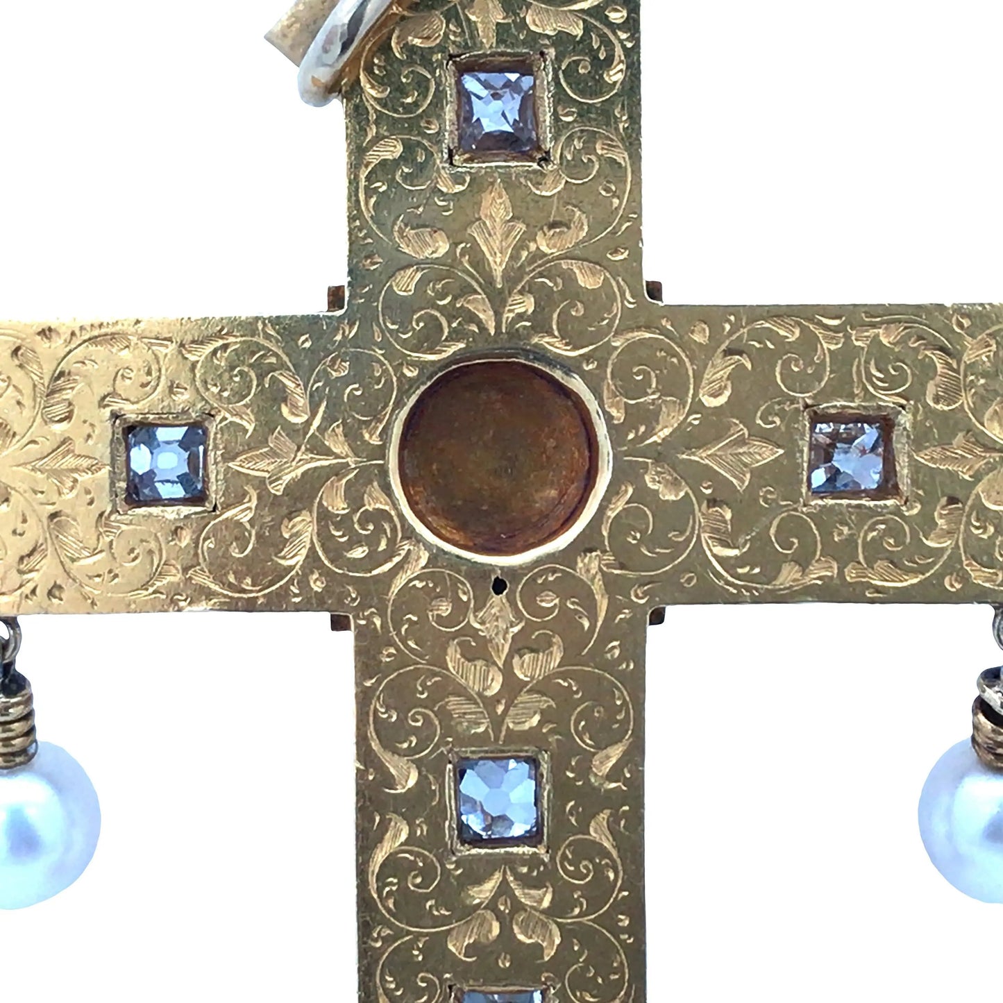 Antique Renaissance Revival 18K Gold Enamel Natural Pearl Diamond Cross Pendant Lueur Jewelry