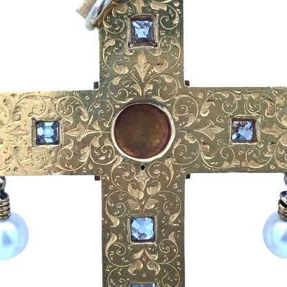 Antique Renaissance Revival 18K Gold Enamel Natural Pearl Diamond Cross Pendant Lueur Jewelry