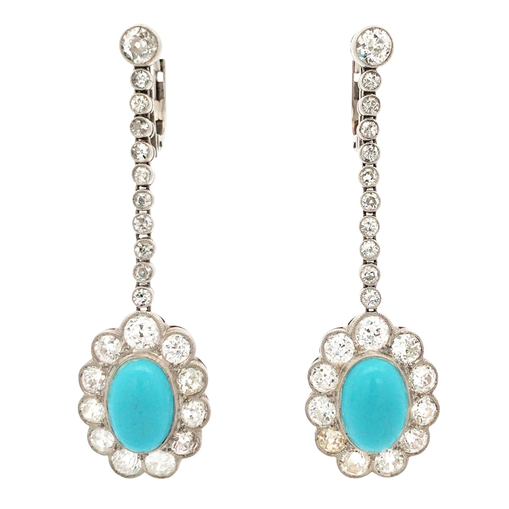 Edwardian Platinum Turquoise Diamond Earrings Lueur Jewelry