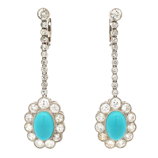 Edwardian Platinum Turquoise Diamond Earrings Lueur Jewelry