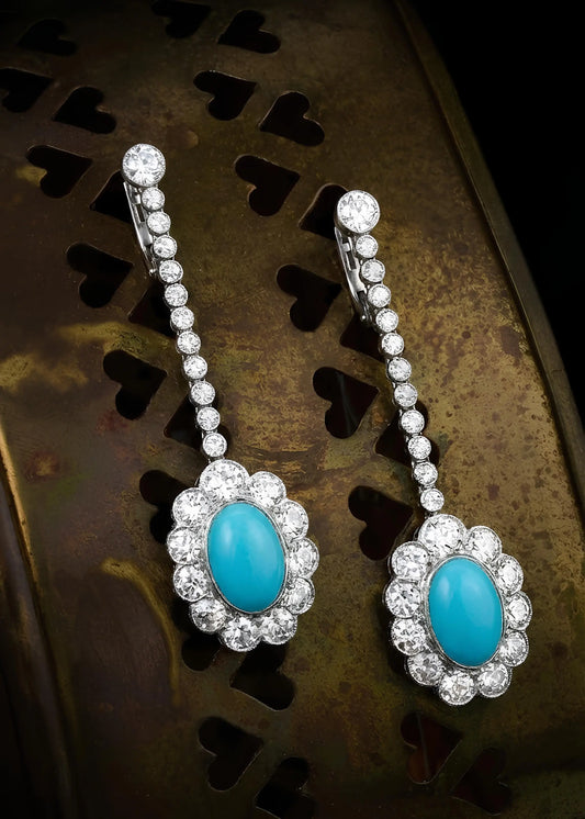 Edwardian Platinum Turquoise Diamond Earrings Lueur Jewelry