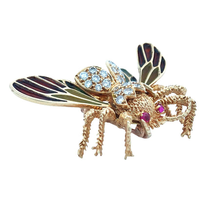 Van Cleef & Arpels, 18K Gold Enamel Diamond Brooch VCA