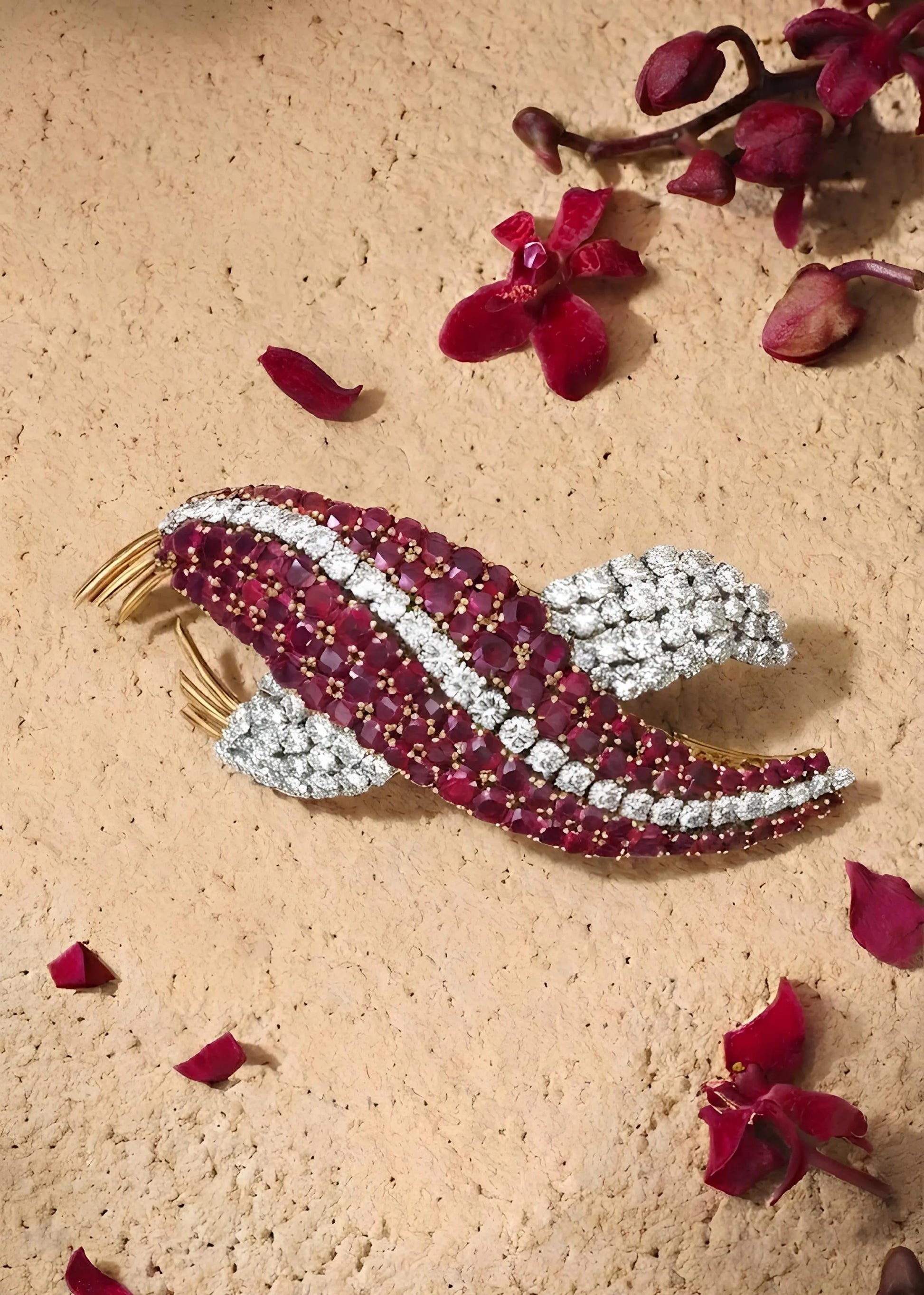 Platinum 18K Gold Ruby Diamond Brooch Lueur Jewelry