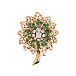 18K Gold Floral Emerald Diamond Brooch, Exquisite Craftsmanship