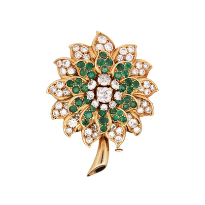 18K Gold Floral Emerald Diamond Brooch, Exquisite Craftsmanship