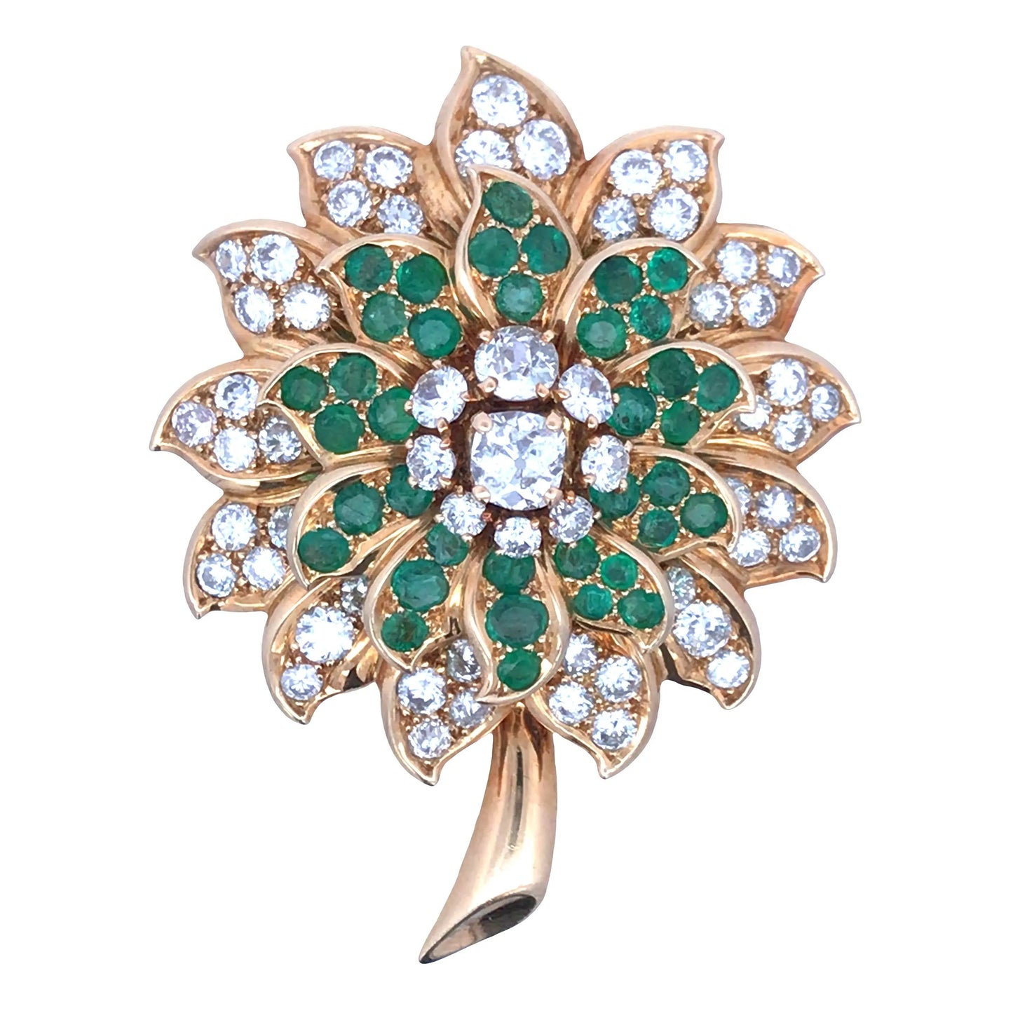 Rene Boivin, 18K Gold Emerald Diamond Brooch Rene Boivin