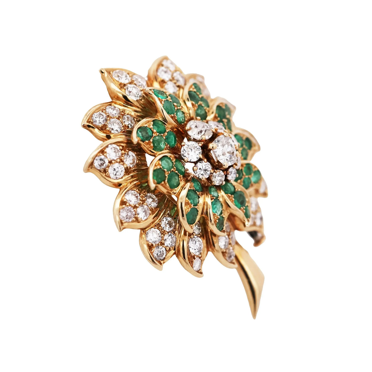 18K Gold Floral Emerald Diamond Brooch, Exquisite Craftsmanship