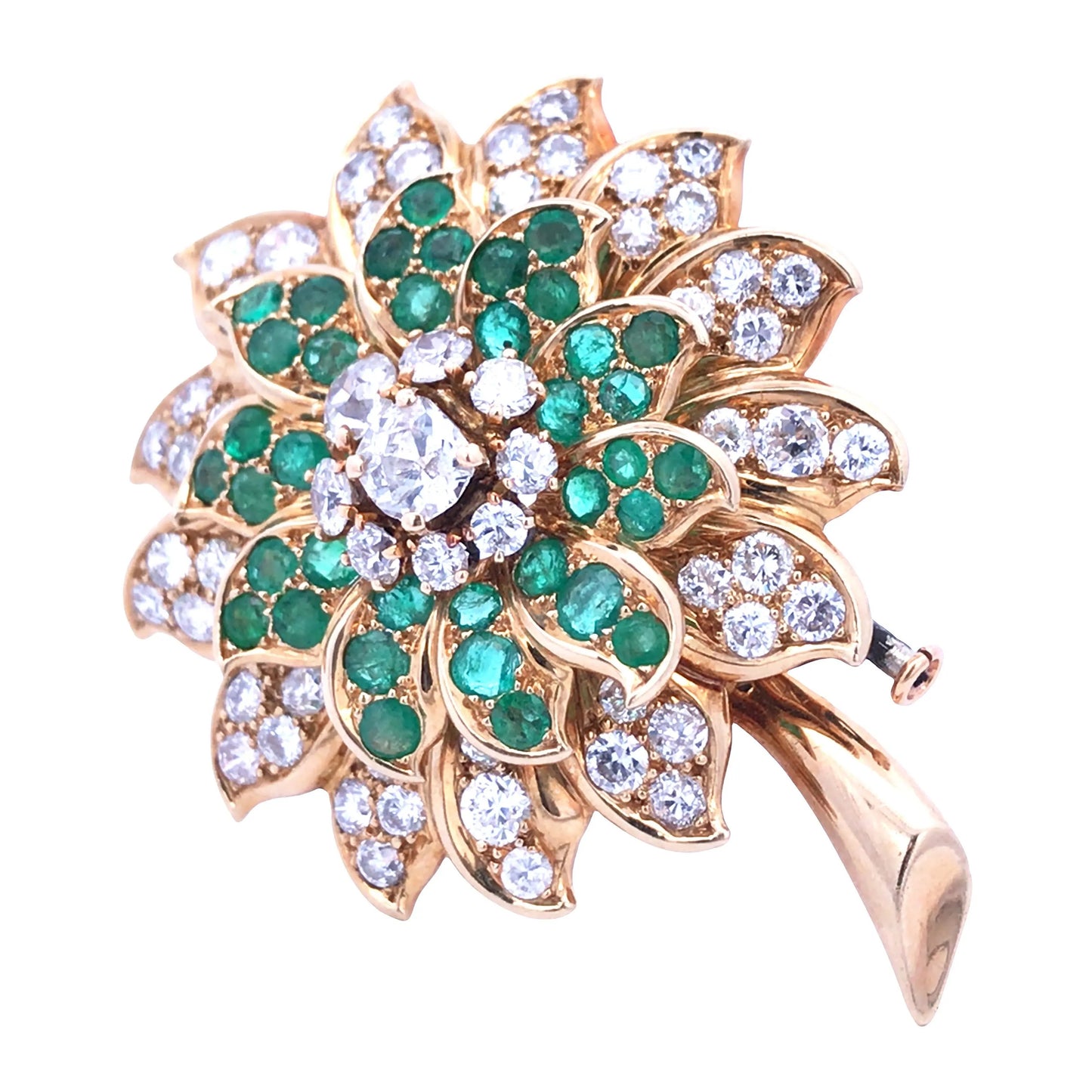 Rene Boivin, 18K Gold Emerald Diamond Brooch Rene Boivin