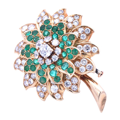Rene Boivin, 18K Gold Emerald Diamond Brooch Rene Boivin