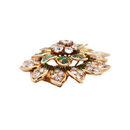 18K Gold Floral Emerald Diamond Brooch, Exquisite Craftsmanship