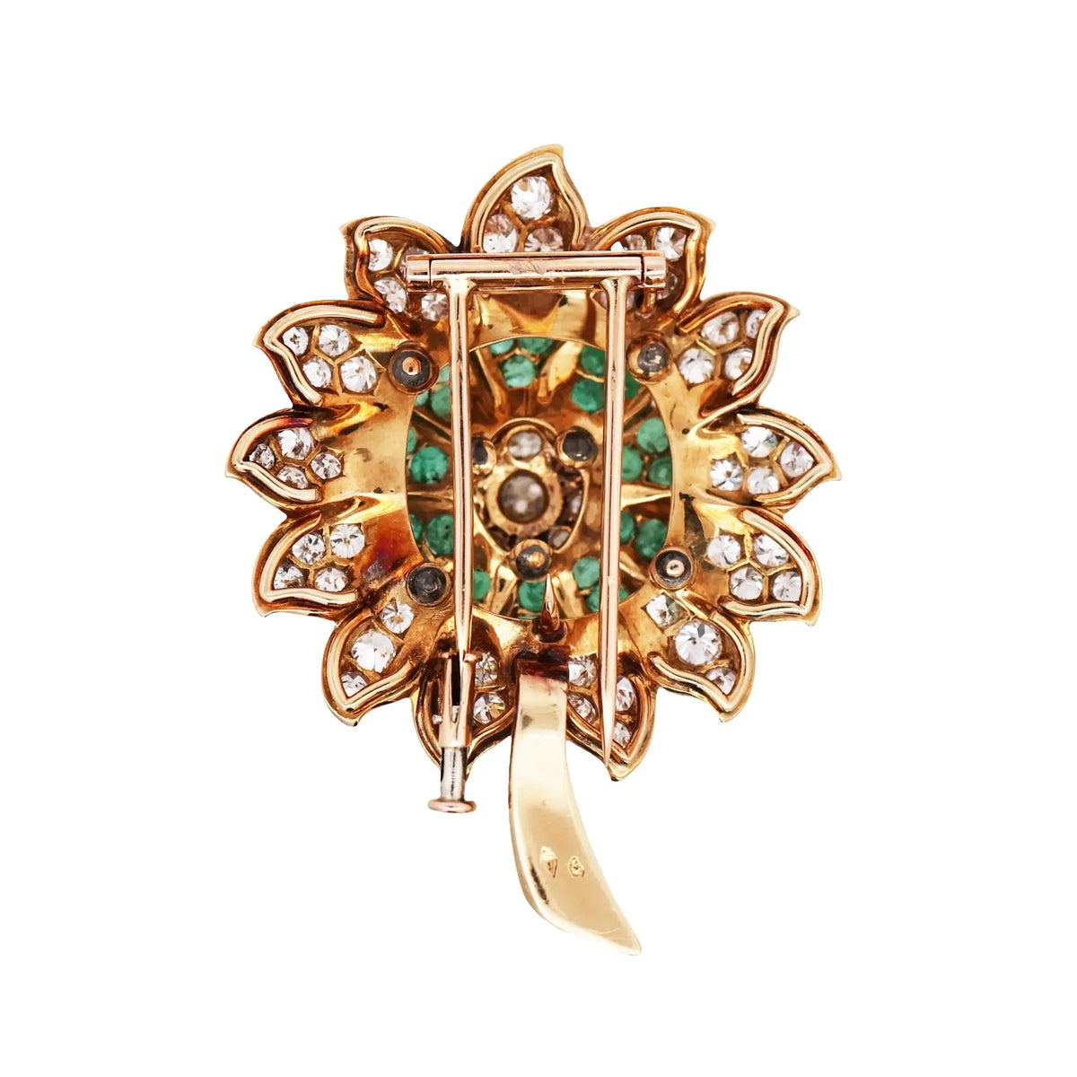 18K Gold Floral Emerald Diamond Brooch, Exquisite Craftsmanship
