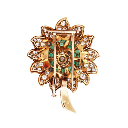 18K Gold Floral Emerald Diamond Brooch, Exquisite Craftsmanship