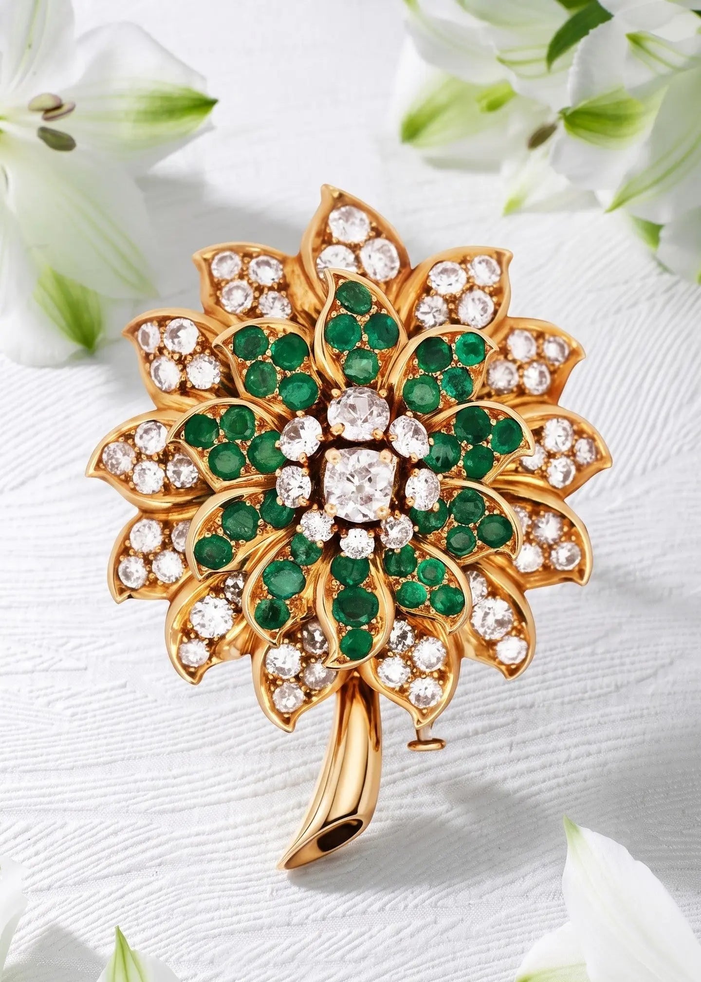 Rene Boivin, 18K Gold Emerald Diamond Brooch Rene Boivin