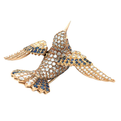 18K Gold Sapphire Diamond Bird Brooch Lueur Jewelry