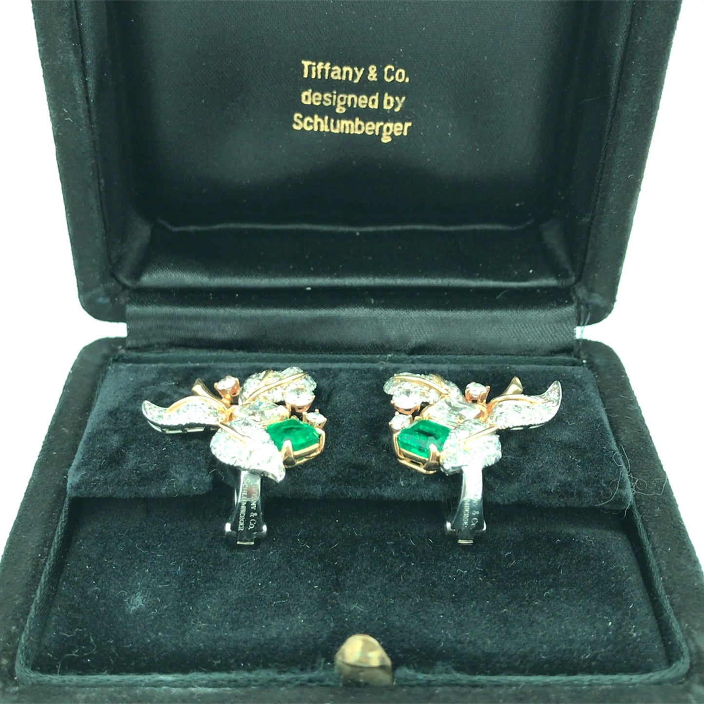 Tiffany Schlumberger, 18K Gold Emerald Diamond Earrings Tiffany