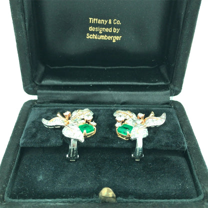 Tiffany Schlumberger, 18K Gold Emerald Diamond Earrings Tiffany