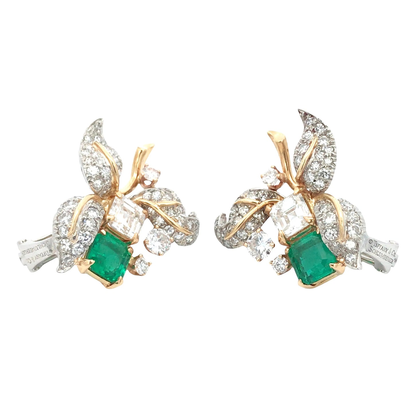 Tiffany Schlumberger, 18K Gold Emerald Diamond Earrings Tiffany