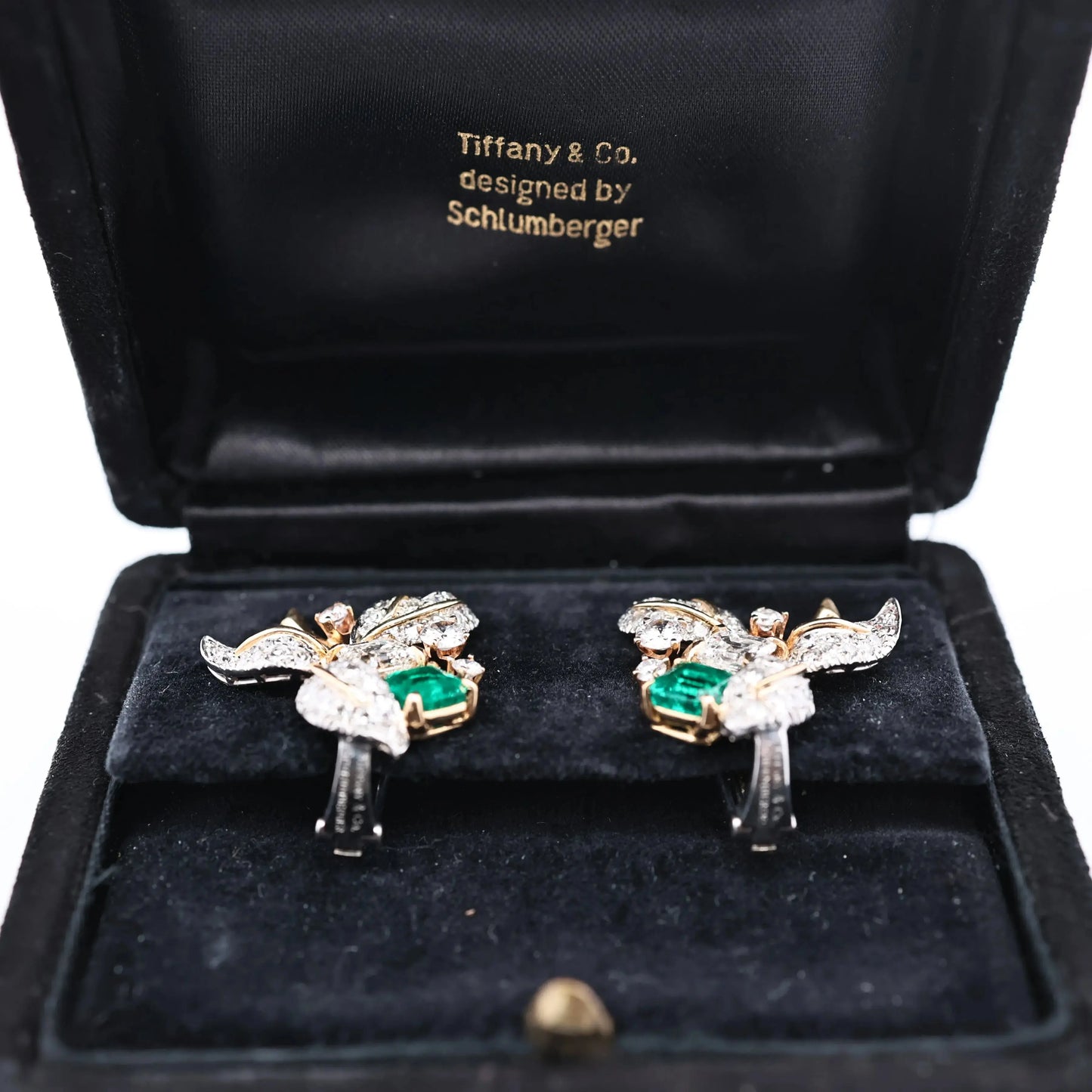 Tiffany Schlumberger, 18K Gold Emerald Diamond Earrings Tiffany