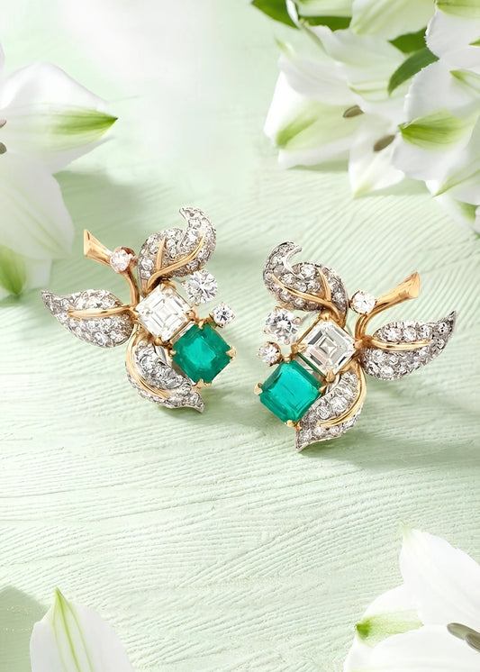 Tiffany Schlumberger, 18K Gold Emerald Diamond Earrings Tiffany