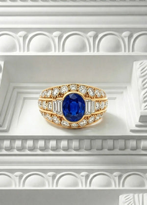 Cartier, 18K Gold Sapphire Diamond Ring, GIA