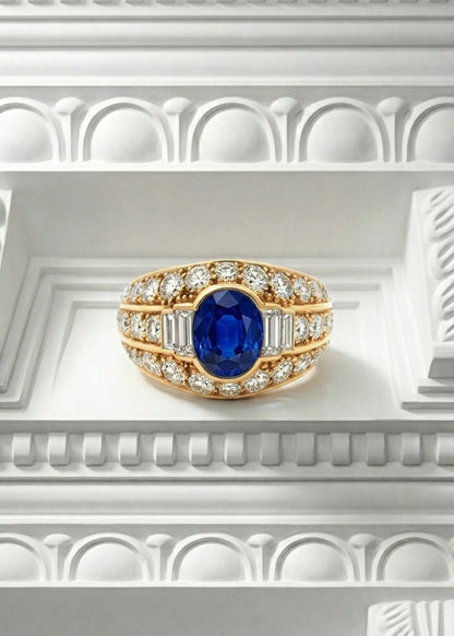 Cartier, 18K Gold Sapphire Diamond Ring, GIA Cartier