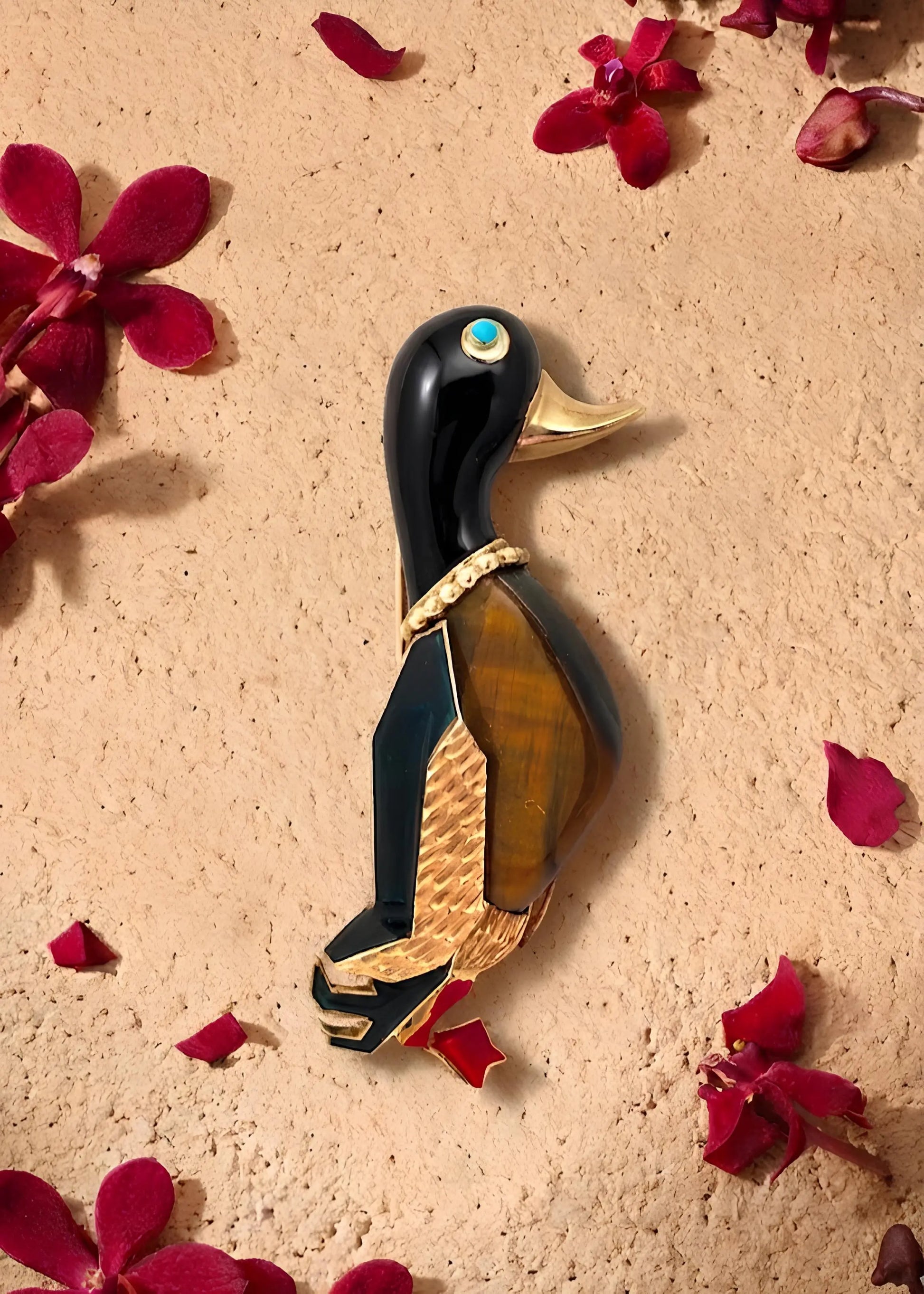 Cartier, 18K Gold Tigerite Enamel Duck Brooch Cartier