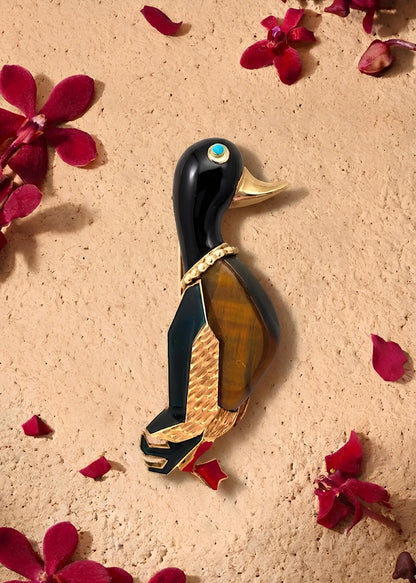 Cartier, 18K Gold Tigerite Enamel Duck Brooch Cartier
