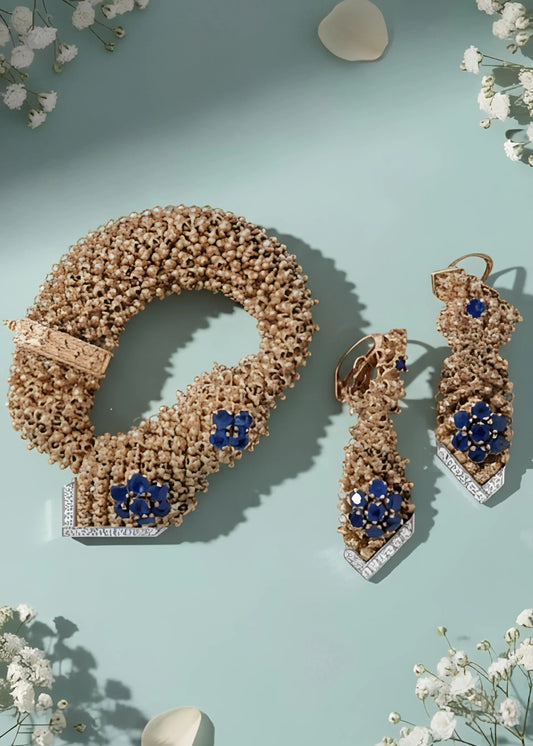 18K Gold Mesh Sapphire Diamond Bracelet and Earrings Lueur Jewelry