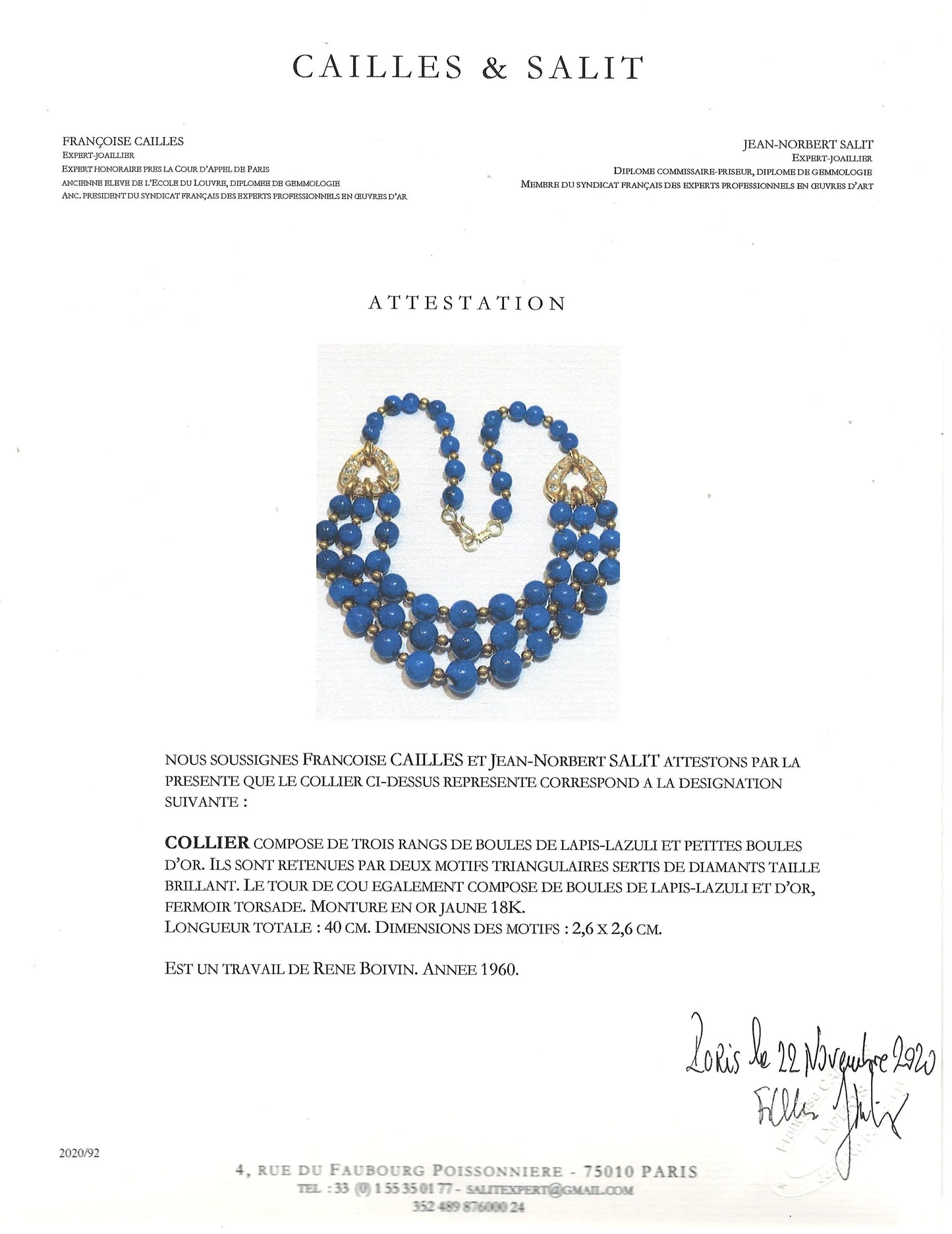 Rene Boivin, 18K Gold Lapis Lazuli Diamond Necklace, Certificate Rene Boivin