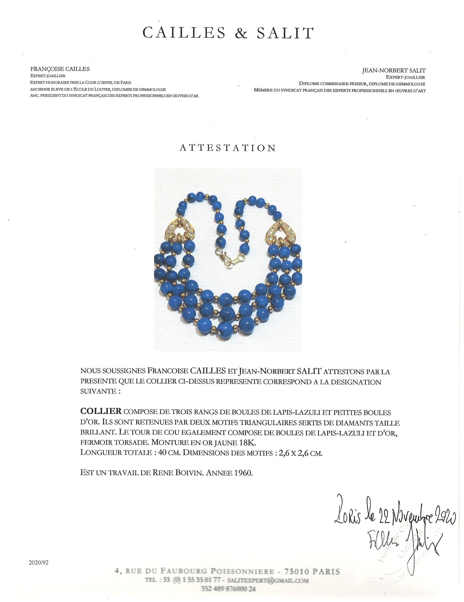 Rene Boivin, 18K Gold Lapis Lazuli Diamond Necklace, Certificate Rene Boivin